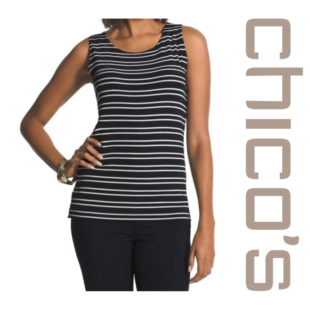 Chico's Travelers Black White Striped Sleeveless Shell Tank Top Size 2 (L/12)